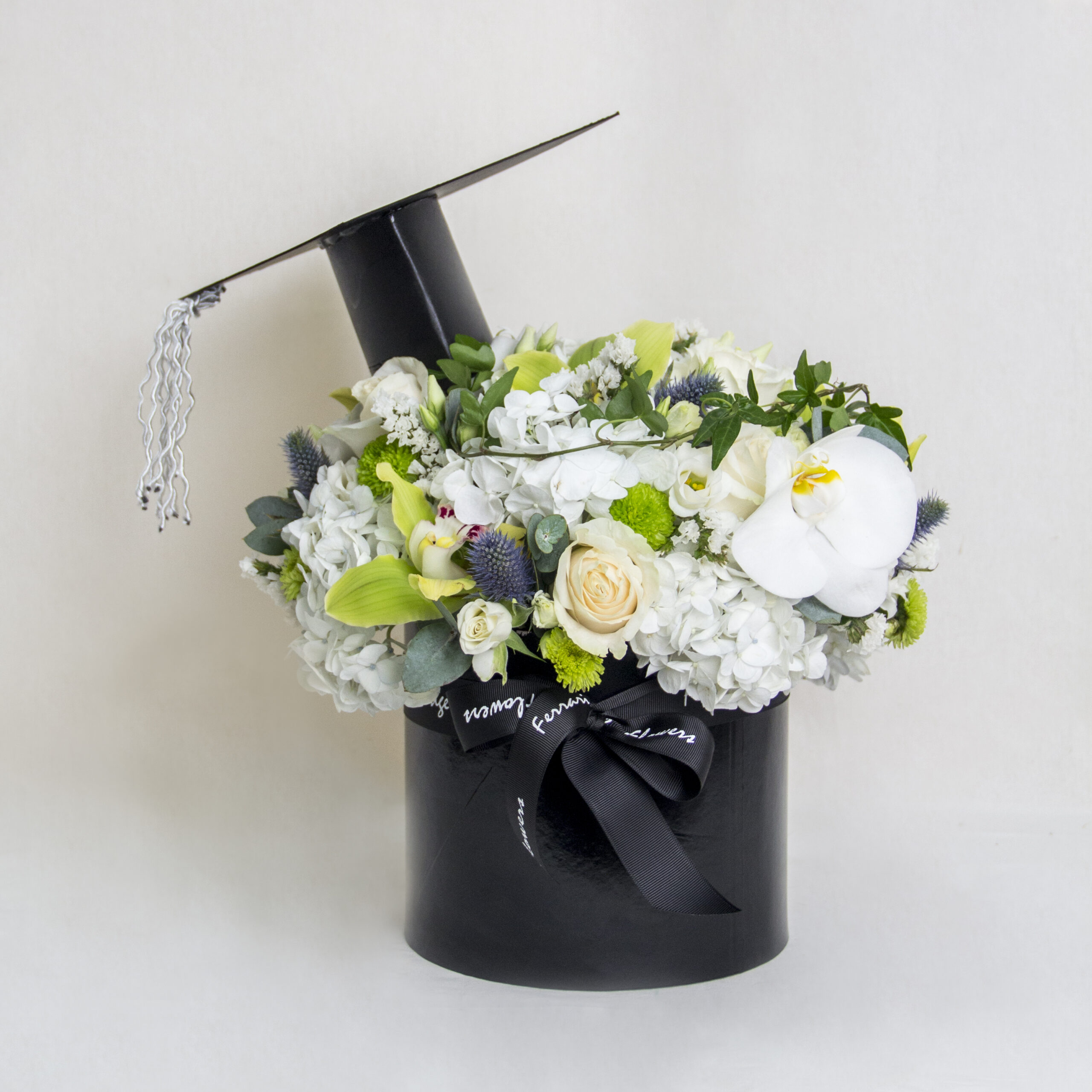 Graduation Cap Floral Box | Elegant White & Green Arrangement